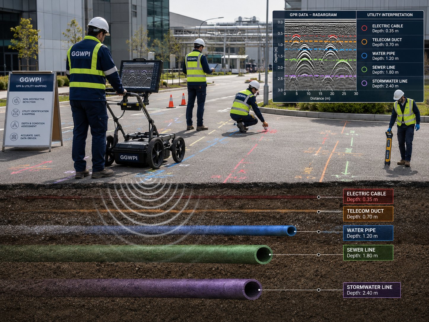 Ground penetrating radar survey for underground utility mapping